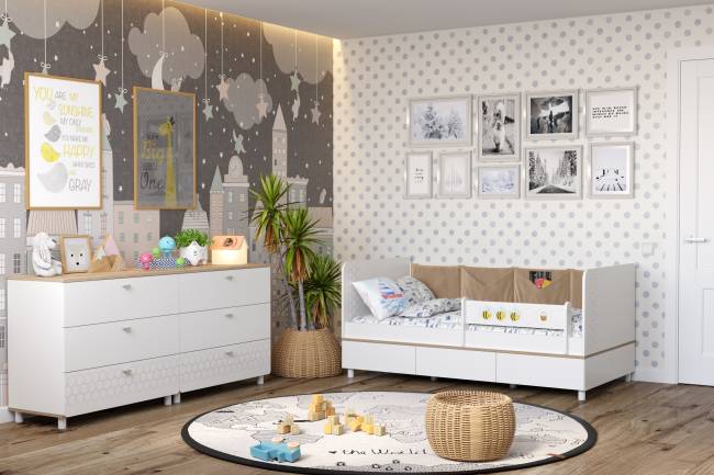 Кровать в детскую Эйп с комодами на три ящика цвет белый/дуб белый Кровать в детскую Эйп с комодами на три ящика цвет белый/дуб белый