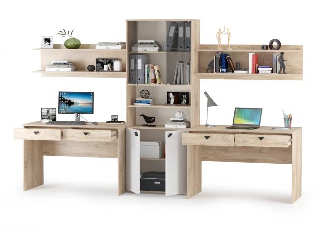 Столы с полками и большим стеллажом Бостон цвет дуб эндгрейн элегантный/фасады МДФ милк рикамо софт