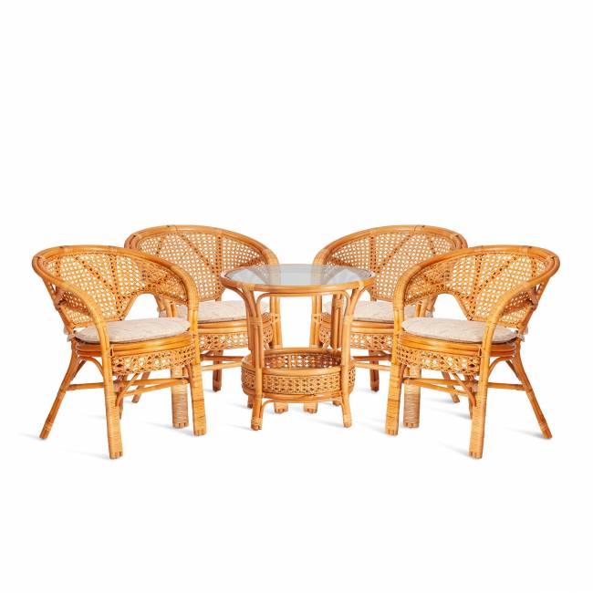 Комплект "PELANGI"  02/15 ( стол со стеклом + 4 кресла ) [с подушками] ротанг, кресло 65х65х77см, стол диаметр 64х61см, Honey (мед) Honey (мед) ротанг