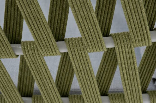 "Диего" кресло плетеное из роупа, каркас алюминий светло-серый (RAL7035) муар, роуп салатовый меланж круглый, ткань светло-серая