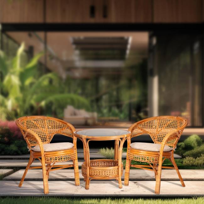 Комплект террасный Пеланги/Pelangi (стол со стеклом + 2 кресла) /с подушками/ ротанг, кресло 65х65х77см, стол диаметр 64х61см, медовый Honey (мед) ротанг