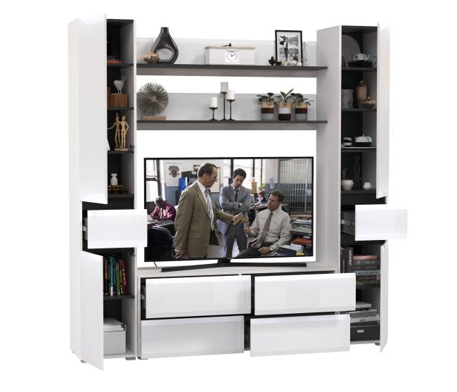 Два пенала с ящиком с двумя полочками и ТВ-тумбой Сидней цвет белый/чёрный/МДФ белый глянец Два пенала с ящиком с двумя полочками и ТВ-тумбой Сидней цвет белый/чёрный/МДФ белый глянец