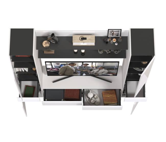 Два пенала с ящиком с двумя полочками и ТВ-тумбой Сидней цвет белый/чёрный/МДФ белый глянец Два пенала с ящиком с двумя полочками и ТВ-тумбой Сидней цвет белый/чёрный/МДФ белый глянец