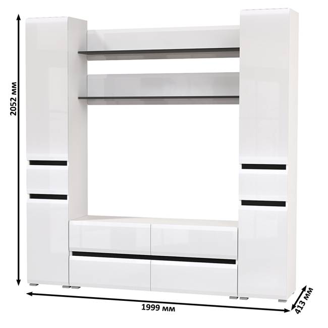 Два пенала с ящиком с двумя полочками и ТВ-тумбой Сидней цвет белый/чёрный/МДФ белый глянец Два пенала с ящиком с двумя полочками и ТВ-тумбой Сидней цвет белый/чёрный/МДФ белый глянец