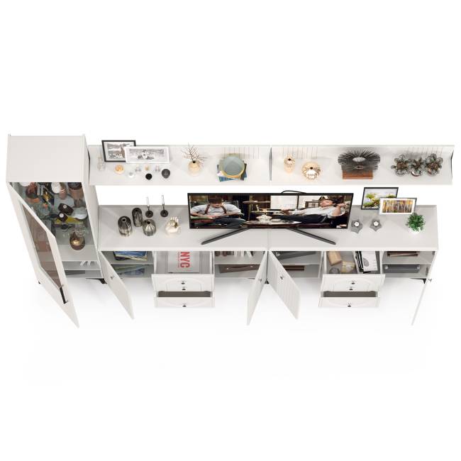 Два комода для аппаратуры с полками и пенал со стеклом Валенсия цвет белый шагрень Два комода для аппаратуры с полками и пенал со стеклом Валенсия цвет белый шагрень