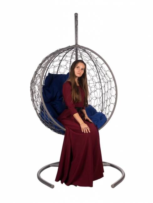 Подвесное кресло из ротанга "Kokos Gray" синяя подушка