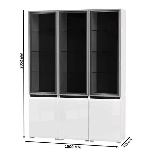 Горка в гостиную с с тремя стеклянными дверками Сидней 13.201 цвет белый/чёрный/МДФ белый глянец Горка в гостиную с с тремя стеклянными дверками Сидней 13.201 цвет белый/чёрный/МДФ белый глянец
