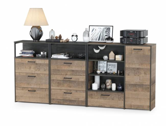 Два комода с ящиками и комод с дверкой и одним ящиком Трувор цвет дуб гранж песочный/интра Два комода с ящиками и комод с дверкой и одним ящиком Трувор цвет дуб гранж песочный/интра