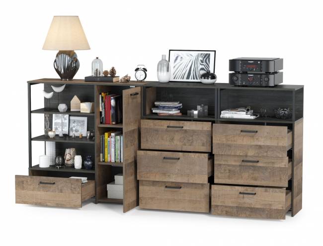 Два комода с ящиками и комод с дверкой и одним ящиком Трувор цвет дуб гранж песочный/интра Два комода с ящиками и комод с дверкой и одним ящиком Трувор цвет дуб гранж песочный/интра