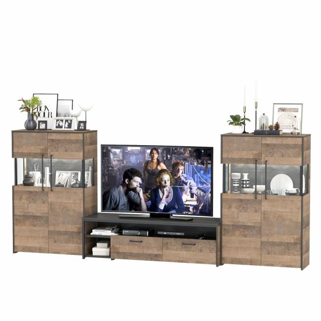 Две тумбы-витрины с подсветкой и с тумбой для телевизора Трувор цвет дуб гранж песочный/интра Две тумбы-витрины с подсветкой и с тумбой для телевизора Трувор цвет дуб гранж песочный/интра