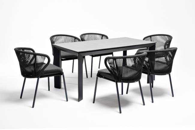 "Венето" обеденная группа на 6 персон со стульями "Милан", каркас темно-серый, роуп темно-серый