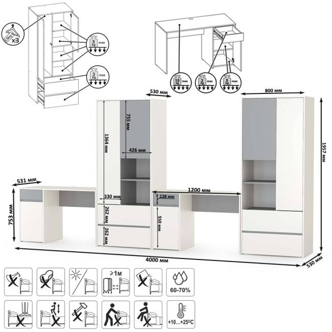 Для двоих детей молодёжная стенка Торонто цвет белый шагрень/стальной серый