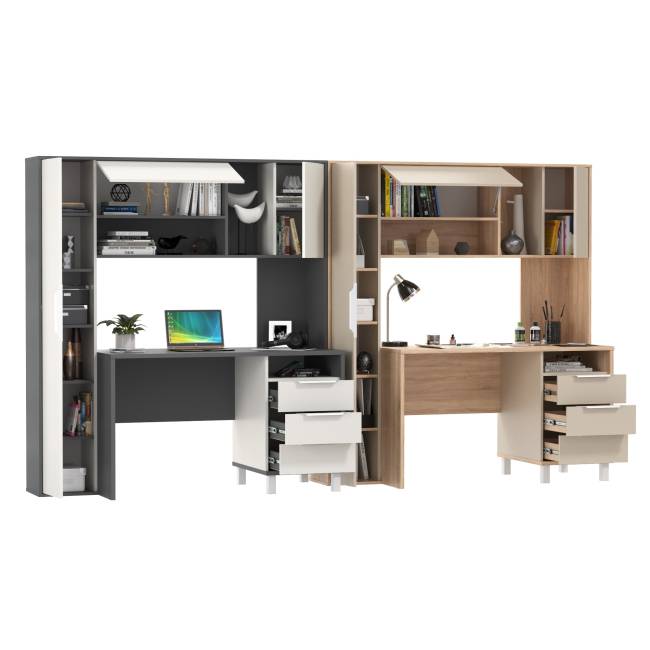 Два компьютерных стола с тумбой и надстройкой Комфорт 12.95N цвет дуб сонома/сатин/тёмно-серый/белый премиум