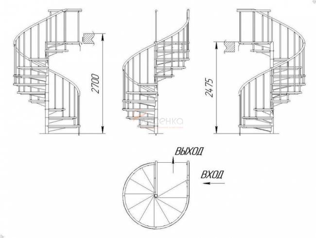 Винтовая лестница ЛЕС-1,8 высота 2475-2700, Серый, Сосна