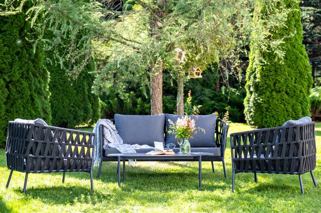 "Диего" лаунж-зона 4-местная плетеная из роупа (веревки), каркас алюминиевый темно-серый, роуп темно-серый "Диего" лаунж-зона 4-местная плетеная из роупа (веревки), каркас алюминиевый темно-серый, роуп темно-серый