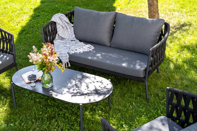 "Диего" лаунж-зона 4-местная плетеная из роупа (веревки), каркас алюминиевый темно-серый, роуп темно-серый "Диего" лаунж-зона 4-местная плетеная из роупа (веревки), каркас алюминиевый темно-серый, роуп темно-серый