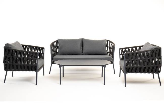 "Диего" лаунж-зона 4-местная плетеная из роупа (веревки), каркас алюминиевый темно-серый, роуп темно-серый "Диего" лаунж-зона 4-местная плетеная из роупа (веревки), каркас алюминиевый темно-серый, роуп темно-серый