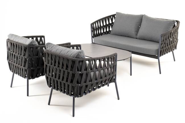 "Диего" лаунж-зона 4-местная плетеная из роупа (веревки), каркас алюминиевый темно-серый, роуп темно-серый "Диего" лаунж-зона 4-местная плетеная из роупа (веревки), каркас алюминиевый темно-серый, роуп темно-серый