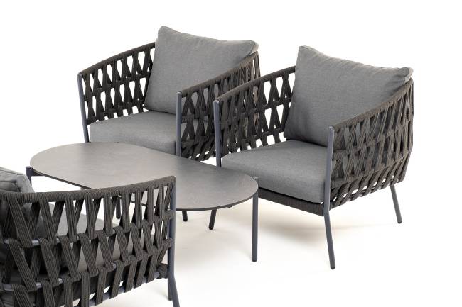 "Диего" лаунж-зона 4-местная плетеная из роупа (веревки), каркас алюминиевый темно-серый, роуп темно-серый "Диего" лаунж-зона 4-местная плетеная из роупа (веревки), каркас алюминиевый темно-серый, роуп темно-серый