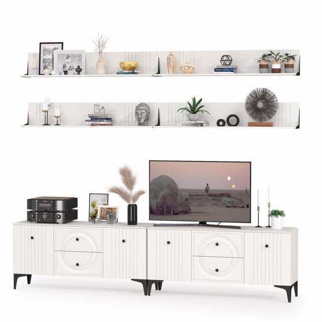 Две ТВ-тумбы и четыре навесных полки Валенсия цвет белый шагрень