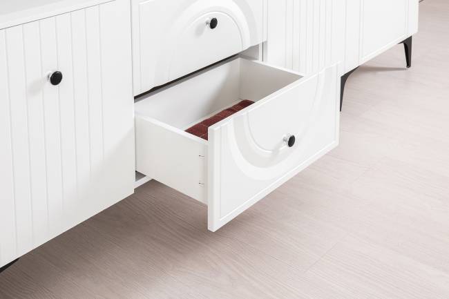 Две ТВ-тумбы и четыре навесных полки Валенсия цвет белый шагрень