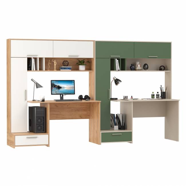 Два стола письменных Лайт 03.243Н цвет дуб крафт золотой/белый премиум/сатин/дымчатый зелёный Два стола письменных Лайт 03.243Н цвет дуб крафт золотой/белый премиум/сатин/дымчатый зелёный