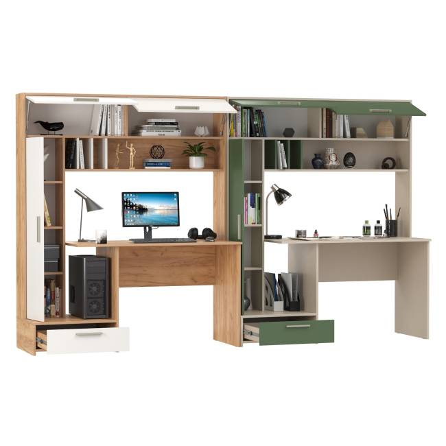 Два стола письменных Лайт 03.243Н цвет дуб крафт золотой/белый премиум/сатин/дымчатый зелёный Два стола письменных Лайт 03.243Н цвет дуб крафт золотой/белый премиум/сатин/дымчатый зелёный