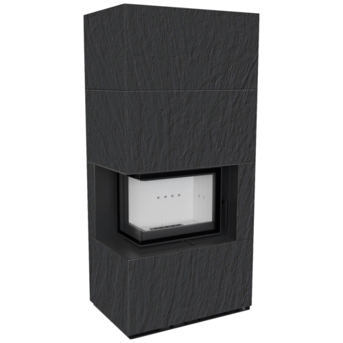 Каминокомплект Kratki PRO FLOKI NATURALI ARDESIA NERO A SPACCO, угловое стекло слева