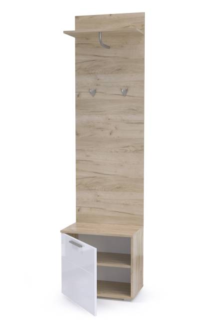 Тумба для обуви с вешалкой Лайн цвет дуб крафт серый/фасады МДФ белый глянец