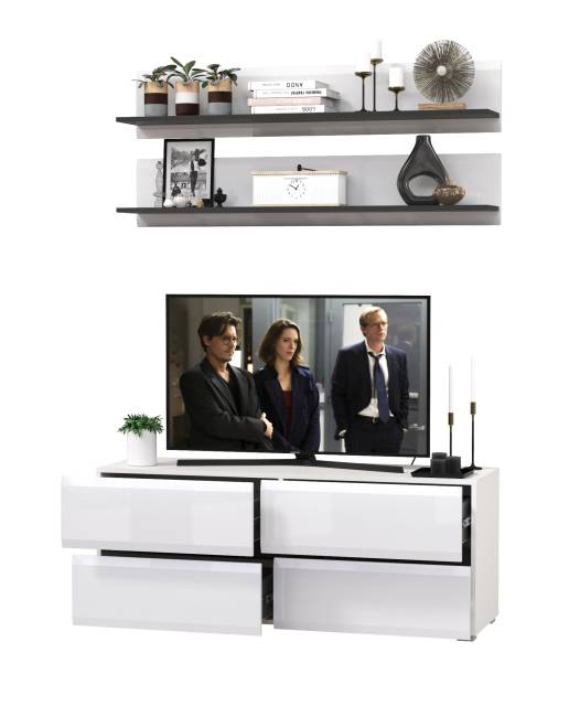 Две открытых полочки с тумбой для аппаратуры Сидней цвет белый/чёрный/МДФ белый глянец Две открытых полочки с тумбой для аппаратуры Сидней цвет белый/чёрный/МДФ белый глянец