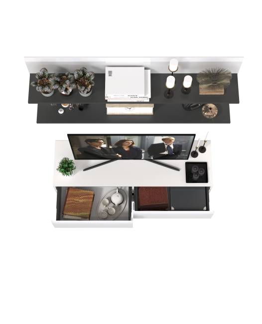 Две открытых полочки с тумбой для аппаратуры Сидней цвет белый/чёрный/МДФ белый глянец Две открытых полочки с тумбой для аппаратуры Сидней цвет белый/чёрный/МДФ белый глянец