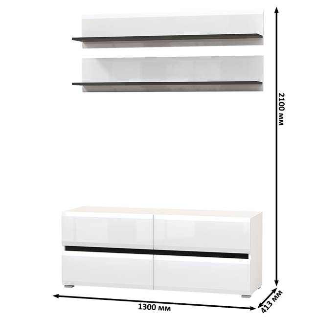 Две открытых полочки с тумбой для аппаратуры Сидней цвет белый/чёрный/МДФ белый глянец Две открытых полочки с тумбой для аппаратуры Сидней цвет белый/чёрный/МДФ белый глянец