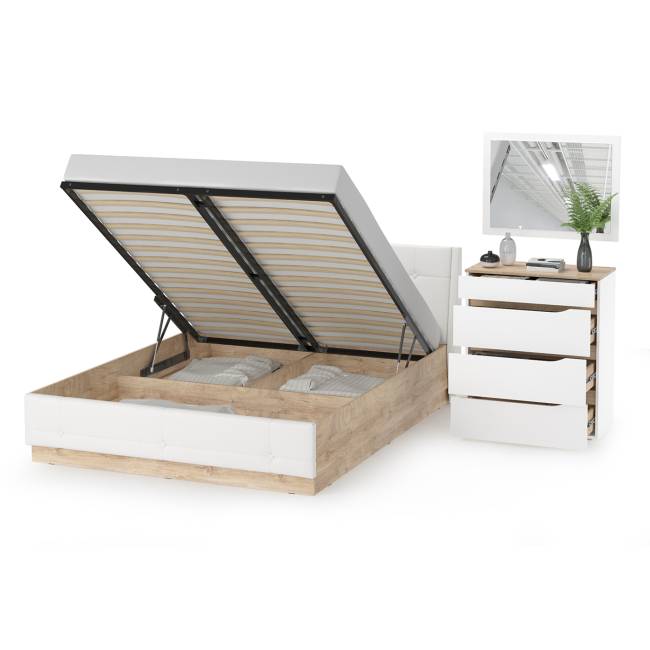 Кровать с подъёмным ортопедом 1600 и комод с зеркалом Муссон цвет белый/дуб эндгрейн элегантный/кожзам белый