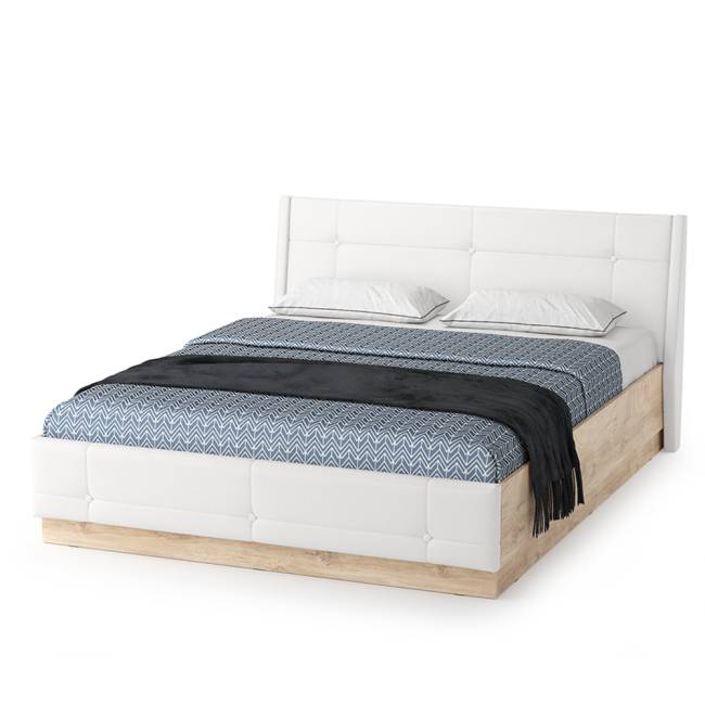 Кровать с подъёмным ортопедом 1600 и комод с зеркалом Муссон цвет белый/дуб эндгрейн элегантный/кожзам белый