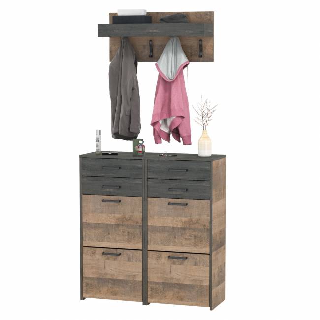 Две тумбы для обуви с ящиками и вешалкой для верхней одежды Трувор цвет дуб гранж песочный/интра Две тумбы для обуви с ящиками и вешалкой для верхней одежды Трувор цвет дуб гранж песочный/интра