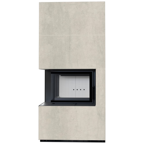 Каминокомплект Kratki PRO FLOKI NATURALI PIETRA DI SAVOIA PERLA BOCCIARDATA, угловое стекло слева