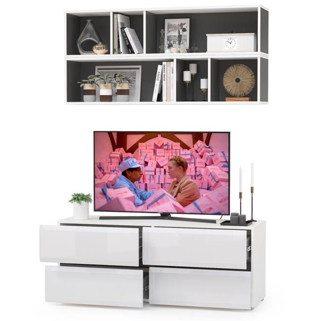 Тумба для ТВ с двумя полками Сидней цвет белый/чёрный/фасады МДФ белый глянец Тумба для ТВ с двумя полками Сидней цвет белый/чёрный/фасады МДФ белый глянец