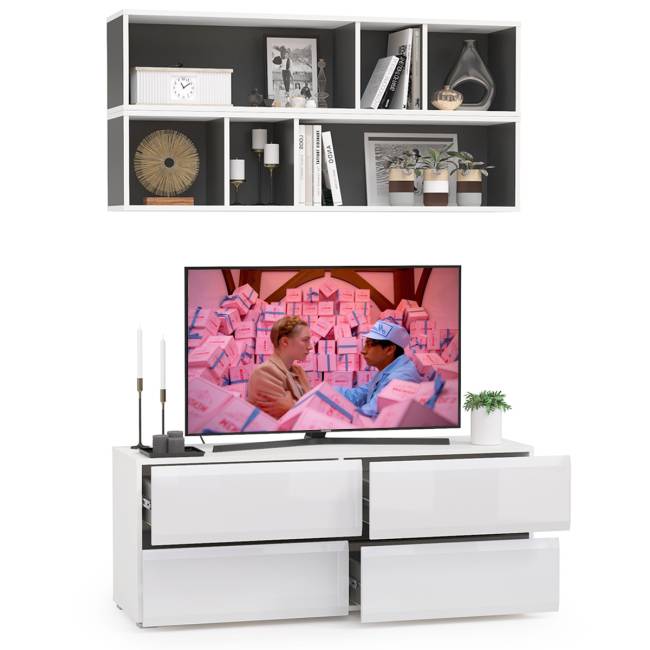 Тумба для ТВ с двумя полками Сидней цвет белый/чёрный/фасады МДФ белый глянец Тумба для ТВ с двумя полками Сидней цвет белый/чёрный/фасады МДФ белый глянец