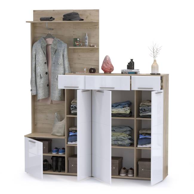 Прихожая Лайн № 5 цвет дуб крафт серый/фасады МДФ белый глянец