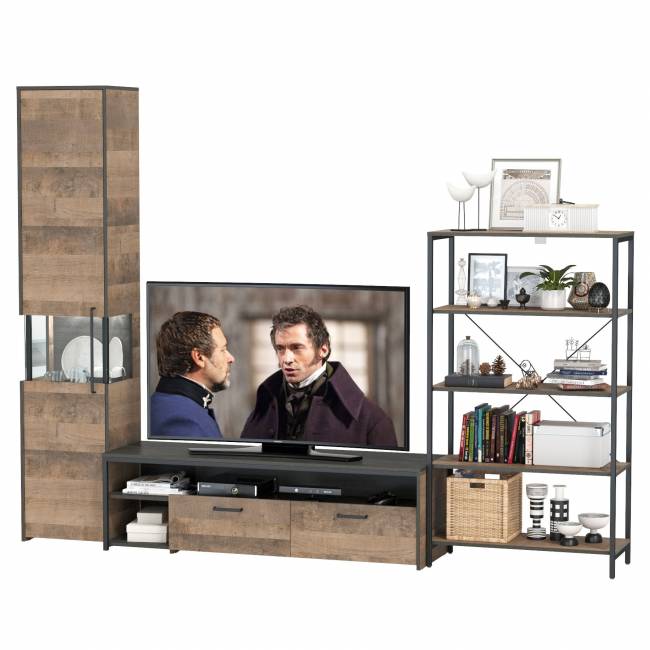 Стенка для гостиной Трувор № 14 с пеналом-витриной с подсветкой цвет дуб гранж песочный/интра Стенка для гостиной Трувор № 14 с пеналом-витриной с подсветкой цвет дуб гранж песочный/интра