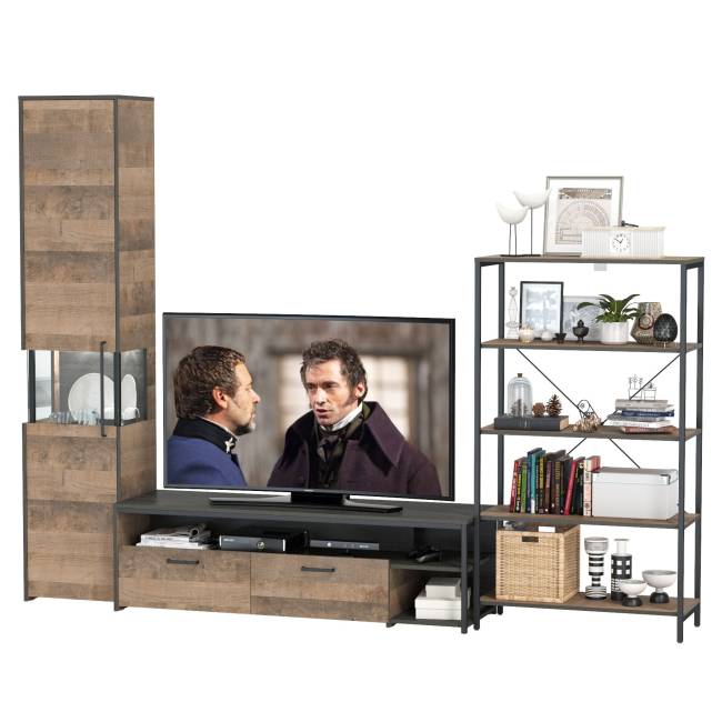 Стенка для гостиной Трувор № 14 с пеналом-витриной с подсветкой цвет дуб гранж песочный/интра Стенка для гостиной Трувор № 14 с пеналом-витриной с подсветкой цвет дуб гранж песочный/интра